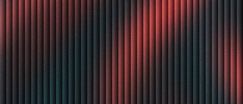 Industrial corrugated metal texture with red light, dark vertical metal slats background, abstract metallic wall surface with dramatic lighting, modern architectural steel panel backdrop.