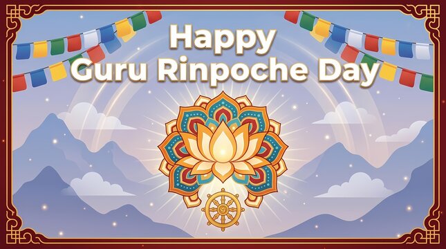 Happy guru rinpoche day greeting card with lotus flower and prayer flags