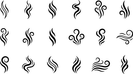 Collection of abstract swirl smoke vector elements featuring decorative flowing wave shapes in minimalist black artistic design style. © Salina