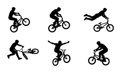 Obraz premium BMX Bicycle Stunt Silhouettes, Extreme Sports Action Poses, Dynamic Cycling Tricks Collection, Vector Graphic Elements