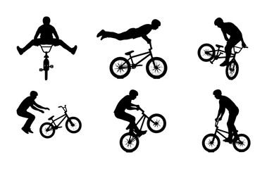 Obraz premium BMX Bicycle Silhouettes, Extreme Sports Action Poses, Dynamic Cycling Stunts, Vector Graphic Elements for Action and Adventure Design