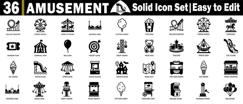 Amusement park and fairground solid icon set for carnival recreation.