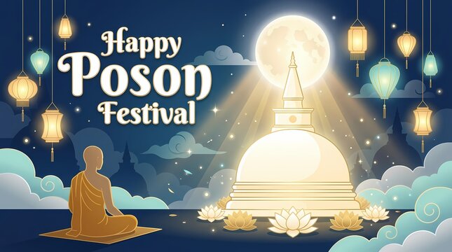 Happy poson festival illustration with buddhist monk meditating in front of a stupa under the full moon and lanterns