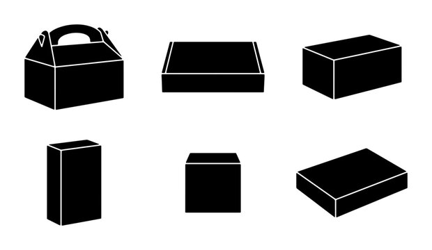 Six Black Silhouette Packaging Boxes, Gift Boxes, and Containers, Vector Icons for Shipping and Storage Solutions