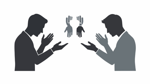 Two businessmen in discussion gesture.