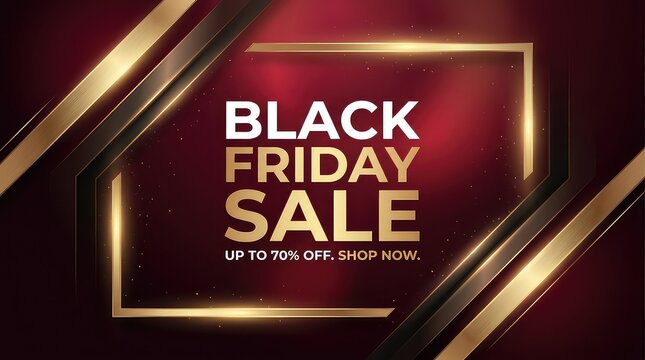 Black Friday sale banner with gold frame and discount offer on red background