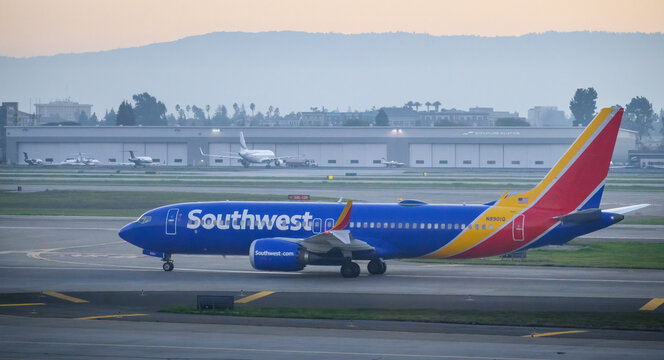 San Jose, USA &ndash; Dec 06 2025: Southwest Airlines aircraft N8901Q Boeing 737 MAX 8 taxiing on runway at San Jose Mineta International Airport. California.