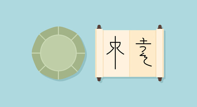 Chinese Calligraphy Scroll and Ancient Coin on Blue Background