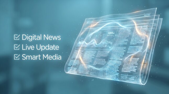 Newspaper format projected as a transparent glowing digital interface demonstrates how modern technology facilitates instant live updates and high speed access to digital news media content.