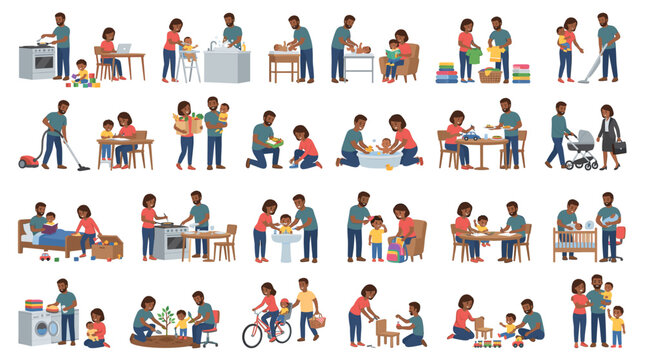 Colorful inclusive activity icon set showing people working studying parenting wheelchair support cycling walking meetings and daily community scenes