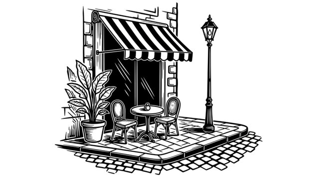 Charming Parisian Cafe Exterior with Outdoor Seating and Lamp Post.