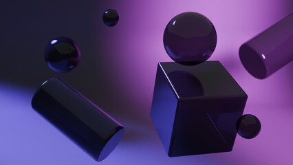 3D render of floating dark geometric shapes, including spheres, cubes, and cylinders, on a vibrant purple and blue gradient background © ilham