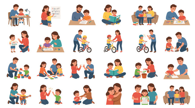 Colorful parenting and child activity icon set showing parents feeding reading playing carrying babies and caring for children in daily family life