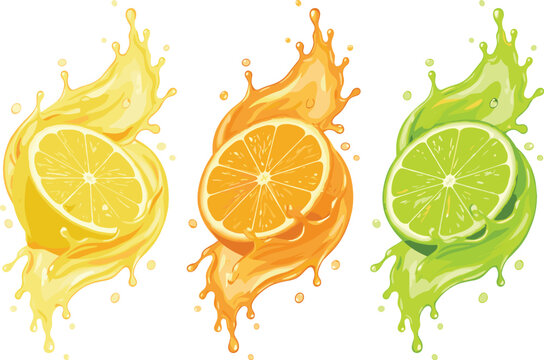 Citrus fruit splash set with lemon orange and lime juicy liquid bursts flat vector illustration design