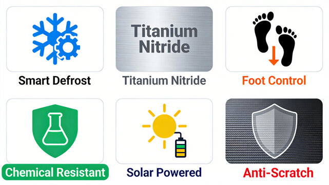 Snowflakes, titanium nitride, and footprint icons represent the device's intelligent defrosting, foot pedal control, solar power supply, and scratch resistant chemical properties.
