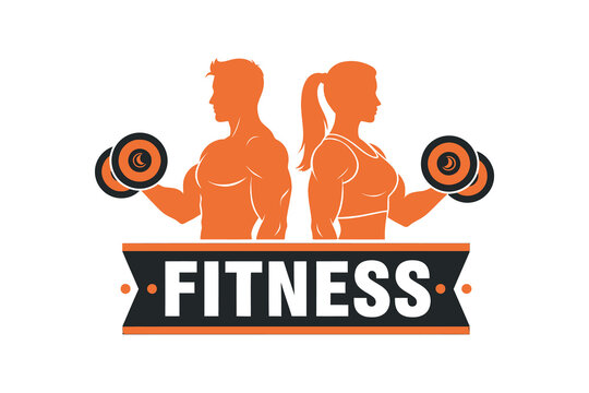 Fitness logo design featuring muscular man and woman with dumbbells
