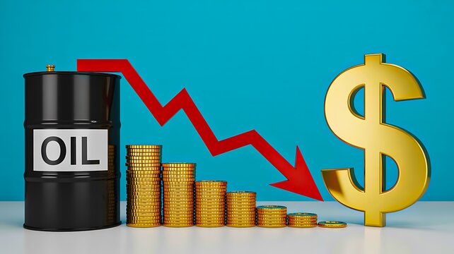 Oil price decline concept with barrels coins and falling arrow