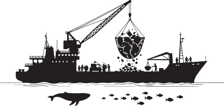 Black silhouette of fishing trawler with crane and net