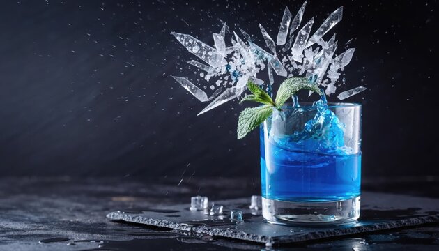 A vibrant blue cocktail in a glass with fresh mint leaves and sharp ice shards exploding upwards, set against a dark textured background with water droplets on a slate surface.
