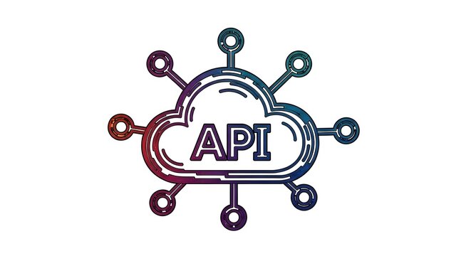 Gradient outline icon of an Application Programming Interface (API) connected to a cloud computing network, symbolizing digital integration, data exchange, and modern software development