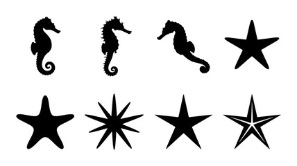 Seahorse and Starfish Silhouettes Vector Set, Nautical Marine Life Icons, Ocean Underwater Creatures Graphics, Black and White Simple Shapes © Anika