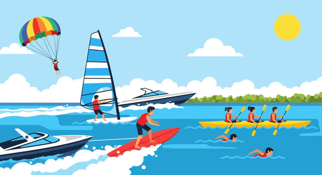 Summer water sports: surfing, kayaking, windsurfing, parasailing, swimming, boating