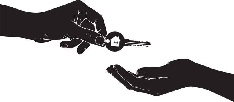 Black silhouette of two hands exchanging a house key