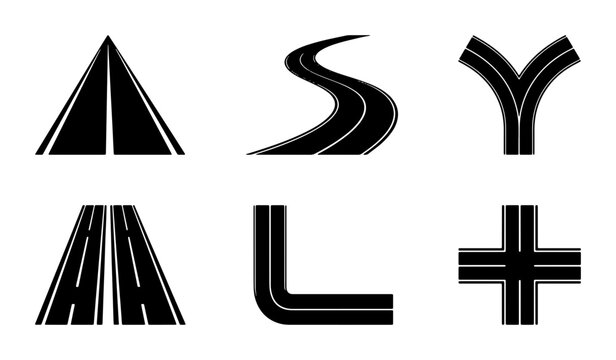 Set of 6 black and white road icons, highway junctions, and street layouts, vector graphic elements for navigation and transport design
