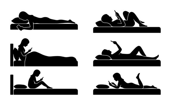 Bedtime Digital Device Use, Six Silhouette Poses, Relaxed Mobile Phone Engagement, Vector Illustration