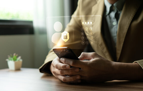 Mobile identity security concept with smartphone login passcode interface and lock shield icon representing authentication access control privacy protection and personal data safety