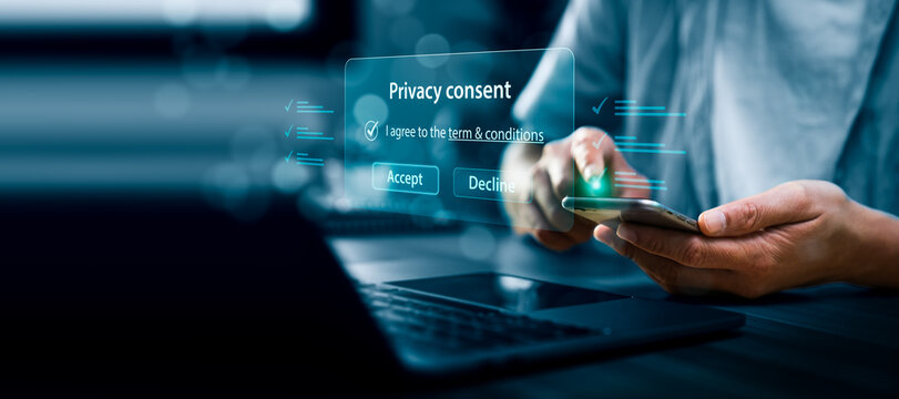 Mobile privacy consent concept with user accepting digital terms and conditions on smartphone interface representing data protection cybersecurity compliance and personal information security