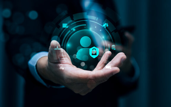 Digital identity protection concept with user profile and security shield in hand showing access control privacy management cybersecurity and personal data protection system