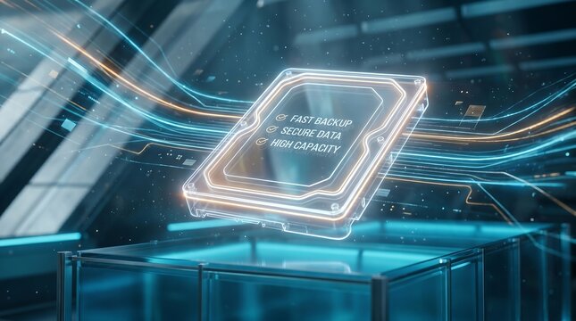 Computer processor chip floats within a high speed digital circuit environment showing glowing information pathways that highlight secure data storage and rapid cloud backup capabilities.