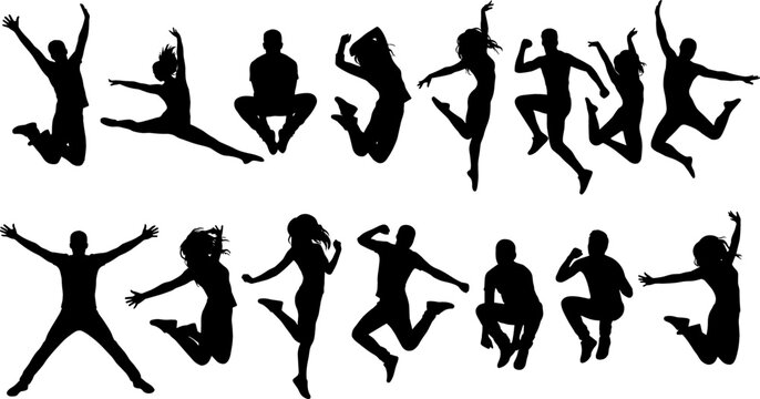Collection of jumping people silhouette vector illustrations featuring energetic dancers and active human poses in black isolated style.