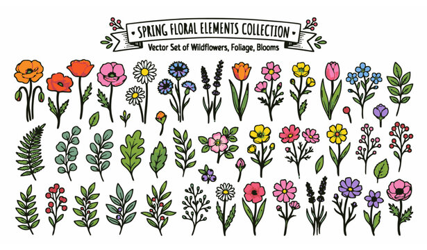 Spring Colorful Flower Elements Collection Vector Set
