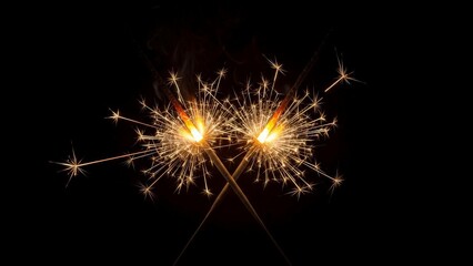 Fototapeta premium Two burning sparklers with bright sparks on dark background at night festive celebration