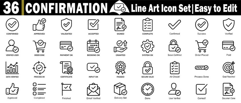 Confirmation line art icon set, featuring thin outline style verification.