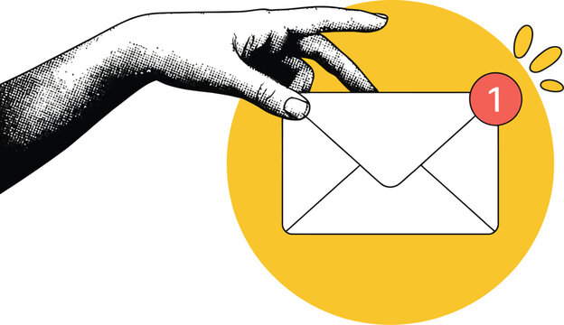 Email, communication collage with hand holding envelope and new notification, digital marketing push reminder newsletter subscription vector illustration.