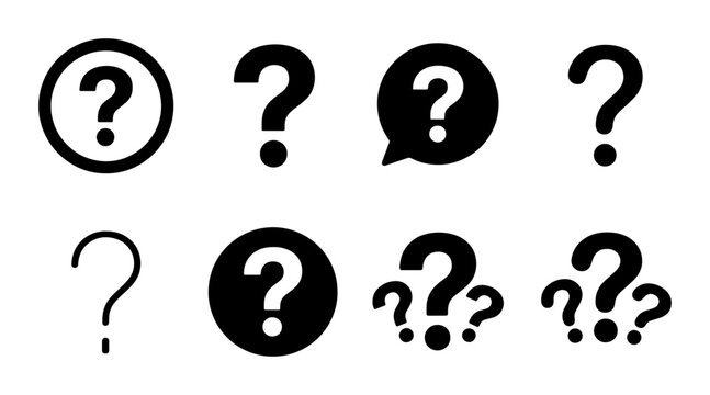 Question Mark Icons Set, Inquiry Symbols Collection, Uncertainty and Doubt Graphic Elements, Problem Solving Icons, Black and White Vector Graphics