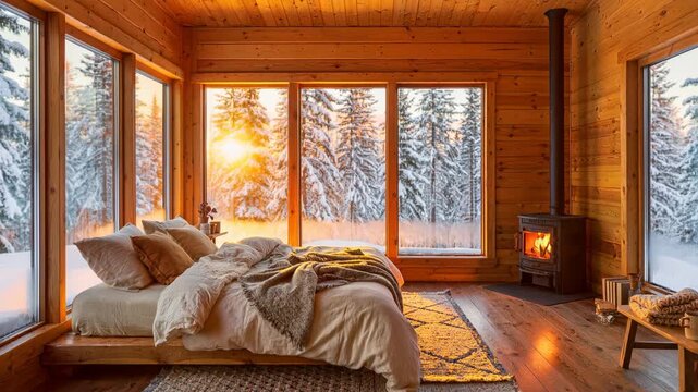 Cozy wooden cabin bedroom with warm fireplace and large windows showing scenic nature view