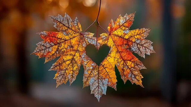 Autumn leaves with heart shaped hole against a blurred background