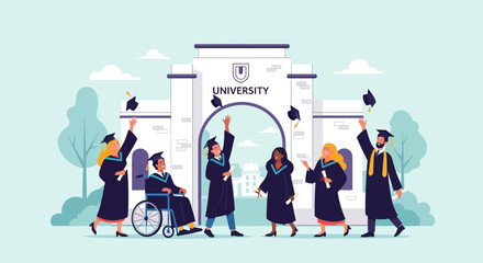 Diverse Graduates Celebrate University Graduation Day with Caps Tossed in Air © Bakul