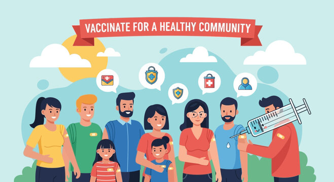 Diverse Community Vaccinating for Health Protection, Syringe Injection, Shield Icons