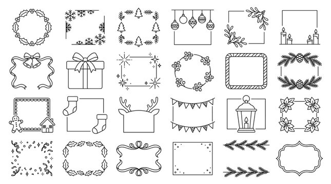 Black line decorative frame collection with wreaths, gifts, banners, plants, arrows, labels, speech bubbles and hand drawn border elements