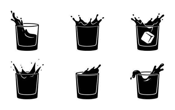 Whiskey Glass Splash Icons, Set of 6 Black Vector Illustrations for Bar and Cocktail Graphics, Dynamic Liquid Motion Art