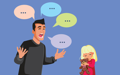 Angry Father Shouting at Little Girl Holding Toy Vector Illustration. Strict parent expressing disgruntlement lecturing excessively his sad daughter
