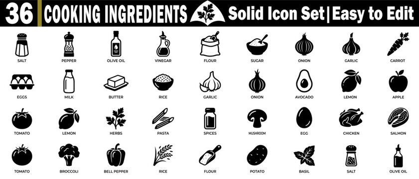 Cooking ingredients icon set, containing common items for kitchen design.