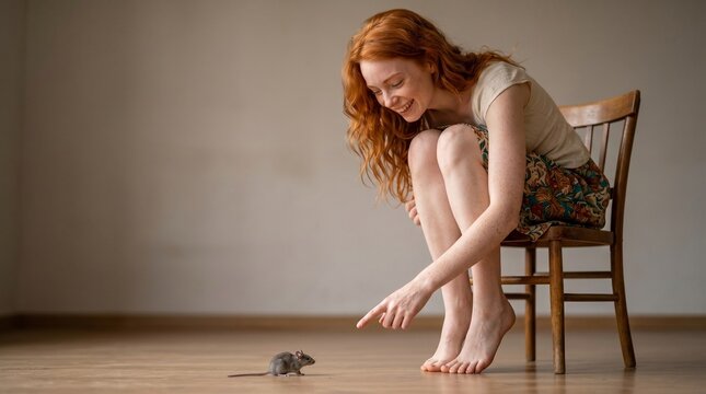 A joyful redhead crouches on a chair, laughing as she points at a small mouse on the floor. The warm, minimalist room feels lighthearted, filled with a sense of playful discovery.