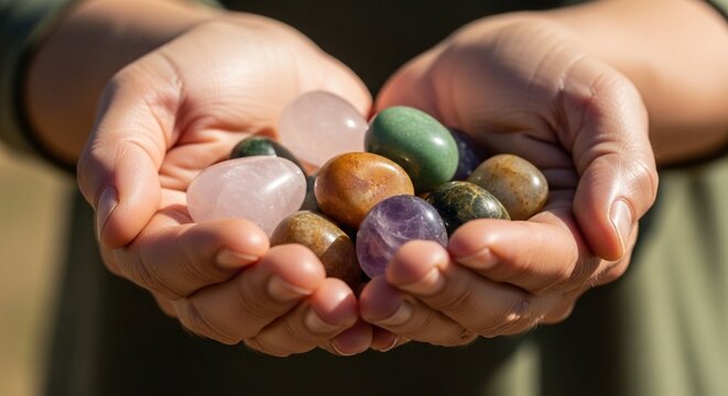 Hands holding colorful raw gemstones and crystals in cupped palms
