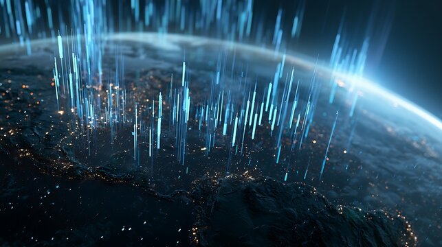 futuristic AI command center above earth, holographic candlestick charts floating across globe,